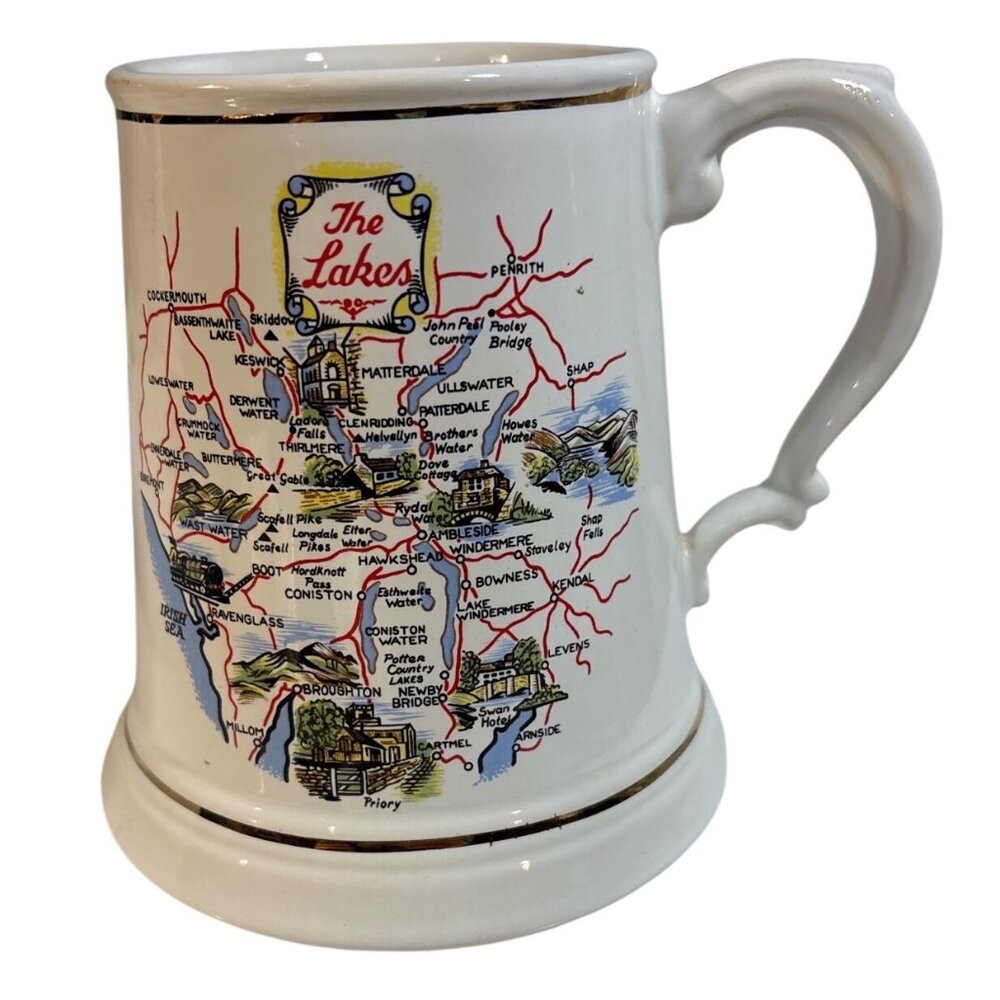 Bretby The Lakes Map Mug With Gold Trim England 4.75" Tall Ceramic Collectible